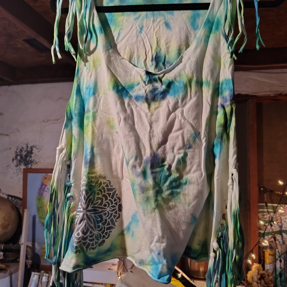 Hand Dyed And Stenciled~Tie-Dye Fringe Women's Top